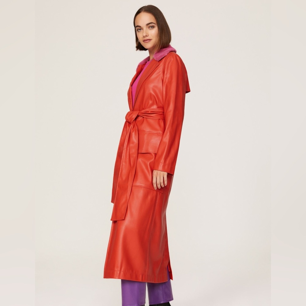 NWOT STAUD Ashley Red Trench Coat with Pink Collar - Picture 6 of 7